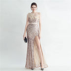 Heavy Industry Ostrich Hair Craft Bundle Hair Evening Dress with Oblique Shoulder Slit