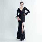 Ostrich Feather Cuff Sequined Fishtail Evening Dress with Side Slit