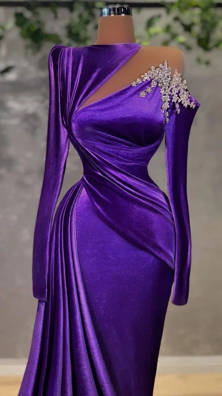 Abito da sera in velluto viola lussuoso con maniche lunghe, elegante vestito da sera in velluto viola Y729
