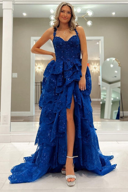 Maisy| Vestido largo con volantes y escote en forma de corazón de tul azul con lentejuelas