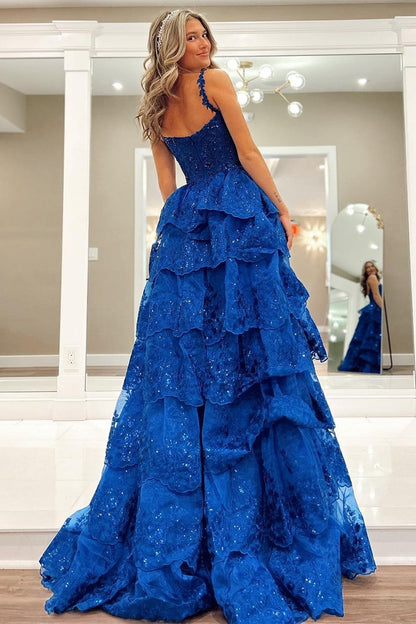 Maisy| Vestido largo con volantes y escote en forma de corazón de tul azul con lentejuelas