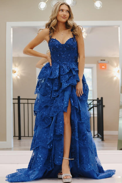 Maisy| Vestido largo con volantes y escote en forma de corazón de tul azul con lentejuelas