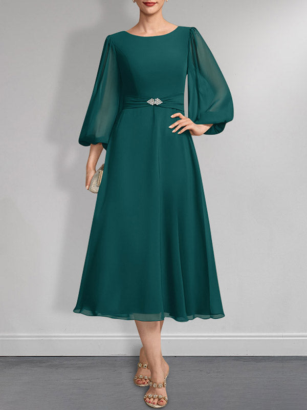 A-Linie U-Ausschnitt Wadenlang Chiffon Mutter der Braut Kleid Mit Kristall Brosche Plissee