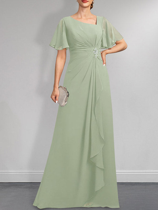Robe de mère de la mariée en mousseline asymétrique longue jusqu'au sol, coupe en A, ornée de perles plissées et de paillettes