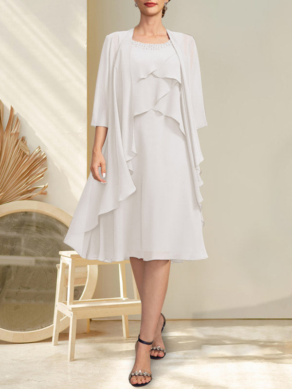 Robe de mère de la mariée en mousseline, longueur genou, en ligne A, décolleté arrondi avec perles