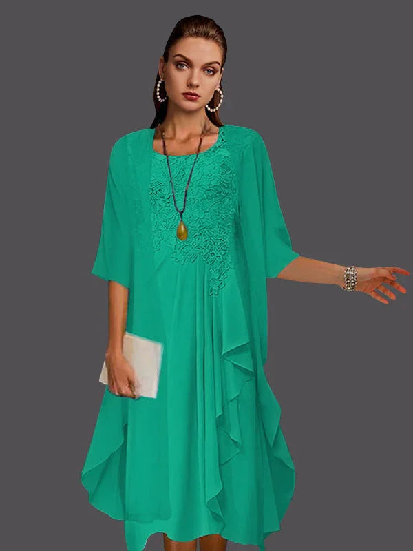 Vestidos de dos piezas con chaqueta sin mangas de encaje de gasa en línea A con pliegues y apliques