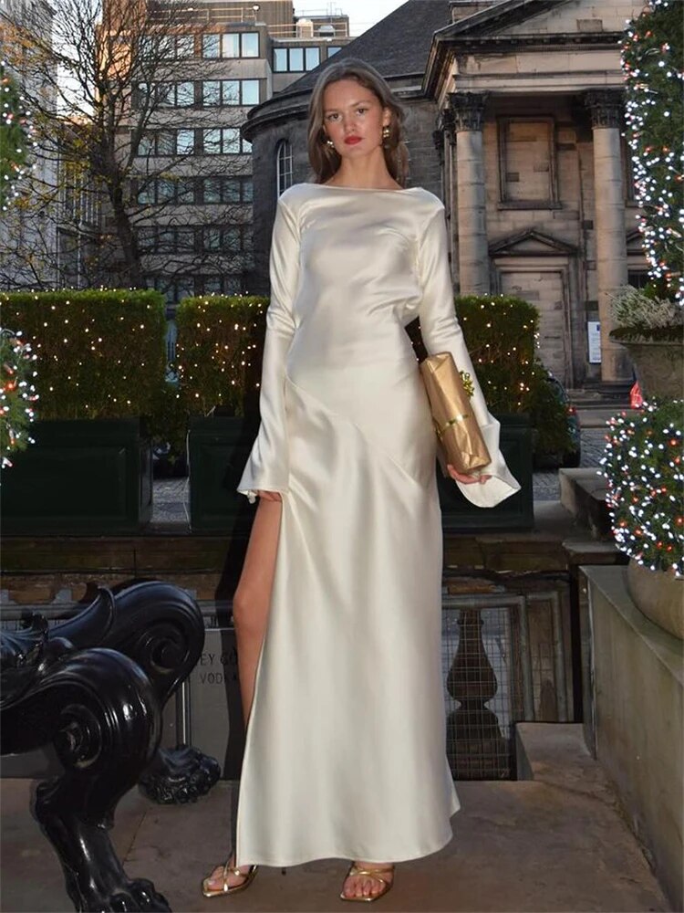 TARUXY Satin Side Slit Dress Women Elegant Party Loose Backless Long Dresses For Lady Club Solid Temperament Evening Dress Femme