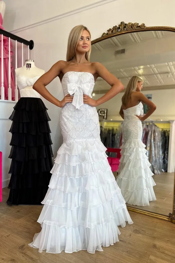 Strapless Long Mermaid Prom Dress With Beading And Ruffle