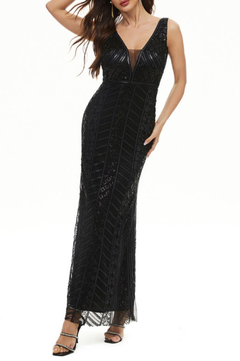 Sexy formelle Patchwork-Abendkleider mit V-Ausschnitt 