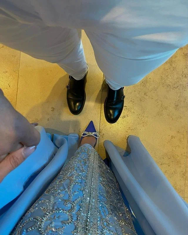 Robes de soirée luxueuses élégantes bleues à sequins perlés, bordure en satin avec châle, robe de bal musulmane arabe de Dubaï Y4669