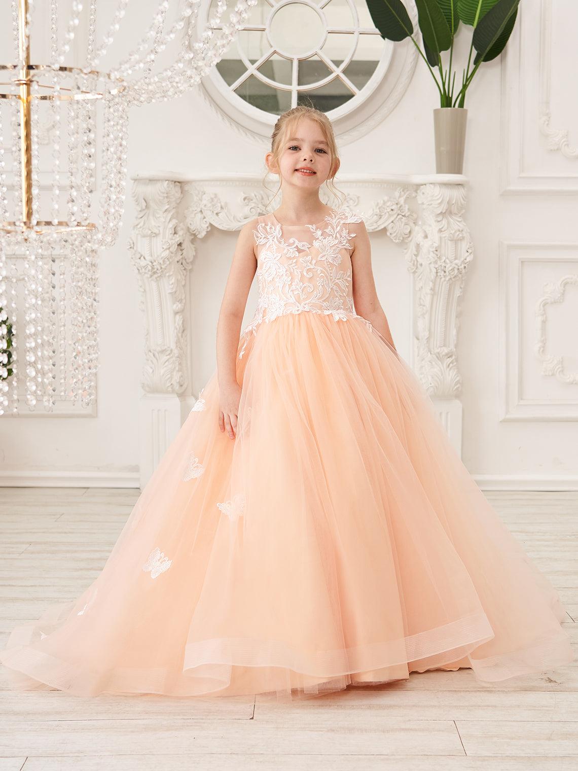 Elegant Sleeveless Tulle Flower Girl Dress With Applique Lace And Sweep Train