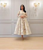 BMbridal Long Sleeve Prom Dress With Appliques Lace Tea Length