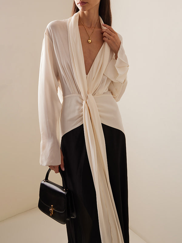 Lange Ärmel Lose Kontrastfarbe V-Ausschnitt Abendkleider Maxikleider 