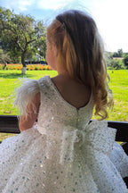 Lovely Sequins Cap Sleeve Flower Girl Dress Beading Lace Feather Embellishments
