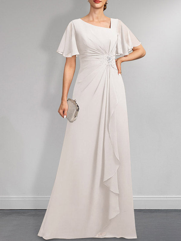 Robe de mère de la mariée en mousseline asymétrique longue jusqu'au sol, coupe en A, ornée de perles plissées et de paillettes