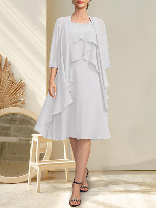 Robe de mère de la mariée en mousseline, longueur genou, en ligne A, décolleté arrondi avec perles