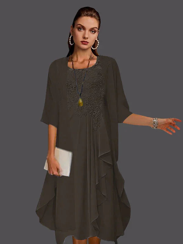 Vestidos de dos piezas con chaqueta sin mangas de encaje de gasa en línea A con pliegues y apliques