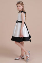 BMbridal A Line Satin Knee Length Flower Girl Dress Jewel Neck Bow Rhinestones