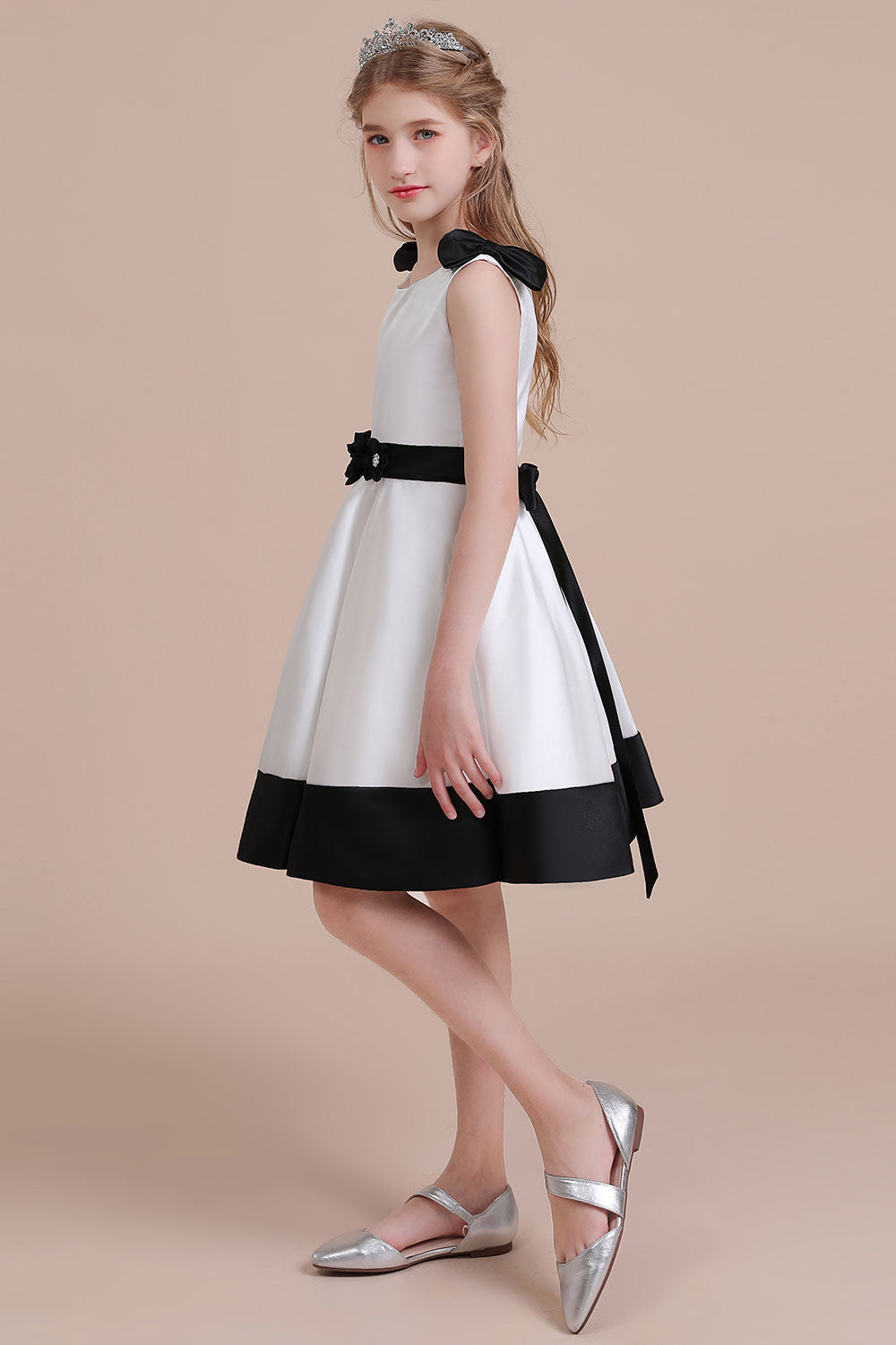 BMbridal A Line Satin Knee Length Flower Girl Dress Jewel Neck Bow Rhinestones