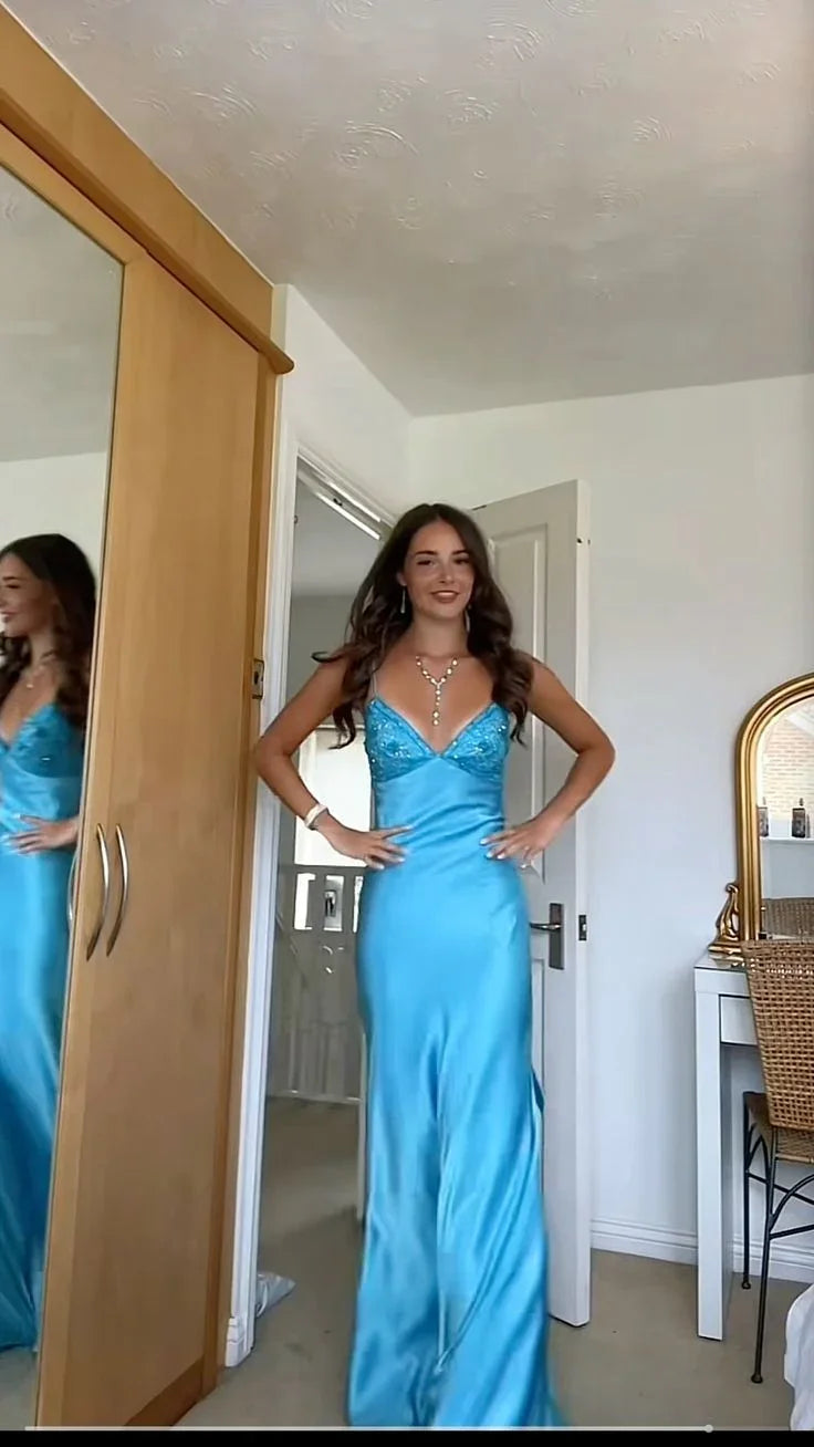 Vestido longo azul para baile sem costas Vestido de noite Y7516