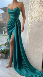 Vestido Longo de Cetim Verde, Sem Alças, para Noite Y126