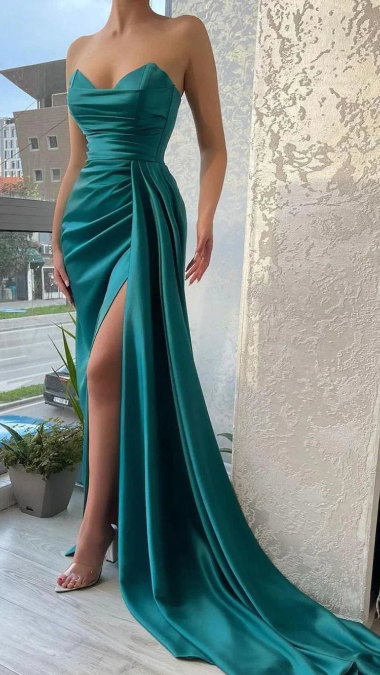 Vestido Longo de Cetim Verde, Sem Alças, para Noite Y126