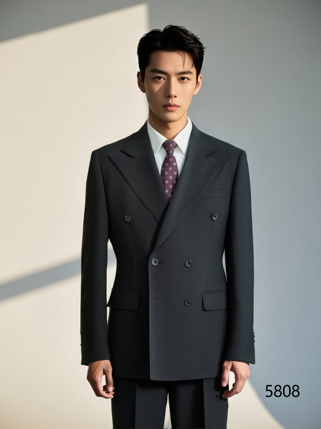 Fato de Casamento de Lã Preta com Três Peças e Corte Cruzado para o Noivo e Padrinhos