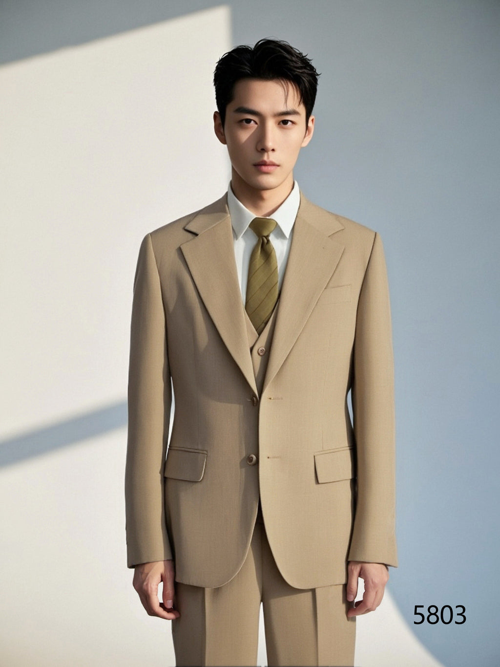 Beige Linen Blend Three Piece Tailored Wedding Suit For Groom And Groomsmen