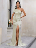 Damen Kleidung Pailletten One-Shoulder-Kleid Taille Abnehmen Schulter Ärmellos Party Cocktail Abendkleid 