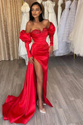 Long Mermaid Off the Shoulder Satin Front Slit Prom Gown with Bubble Sleeves