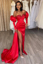 Long Mermaid Off the Shoulder Satin Front Slit Prom Gown with Bubble Sleeves