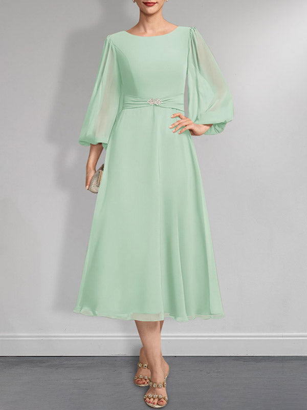A-Linie U-Ausschnitt Wadenlang Chiffon Mutter der Braut Kleid Mit Kristall Brosche Plissee