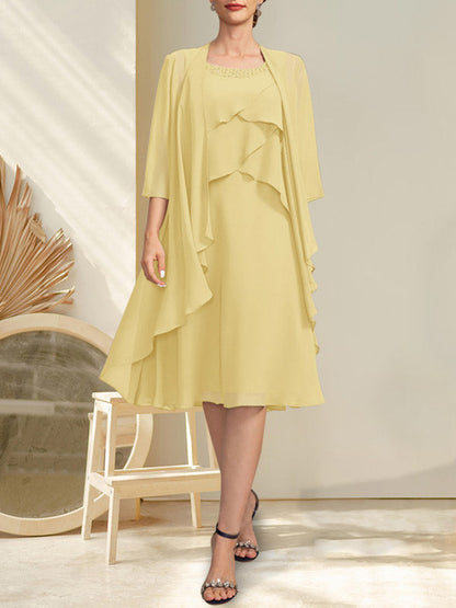 A-Linie U-Ausschnitt Knielang Chiffon Kleid für die Brautmutter mit Perlenbesatz