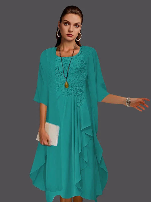 Vestidos de dos piezas con chaqueta sin mangas de encaje de gasa en línea A con pliegues y apliques