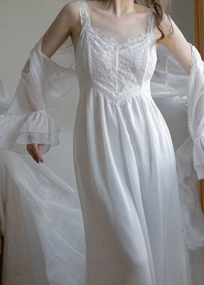 Conjunto de dos piezas de cárdigan y vestido lencero de gasa con cuello en V blanco bordado con flores para verano 