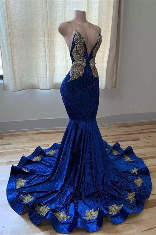 Royal Blue Sleeveless Mermaid Prom Dress With Appliques