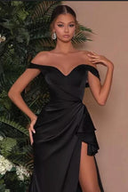 Off Shoulder Black Satin Mermaid Evening Dress With Side Slit And Ruffles