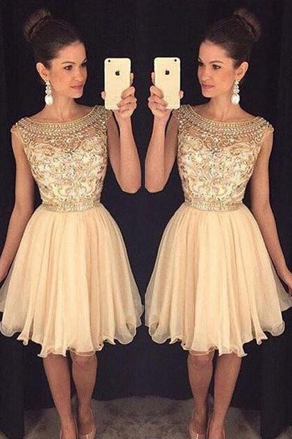 Vestidos de fiesta de gasa con corte en A, elevación, Noisette, cuentas y transparencias