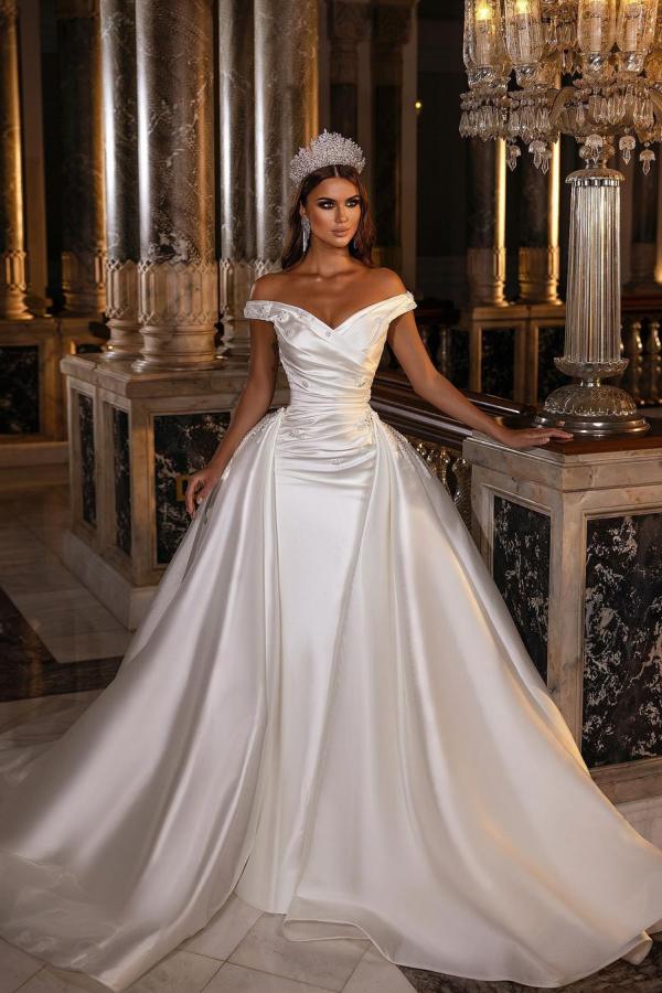 Sweetheart Backless Satin A Line Wedding Dress Off Shoulder Ruffles Appliques