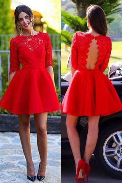 Red Half Sleeves A-line Homecoming Dress Backless Lace Short Prom Dresses