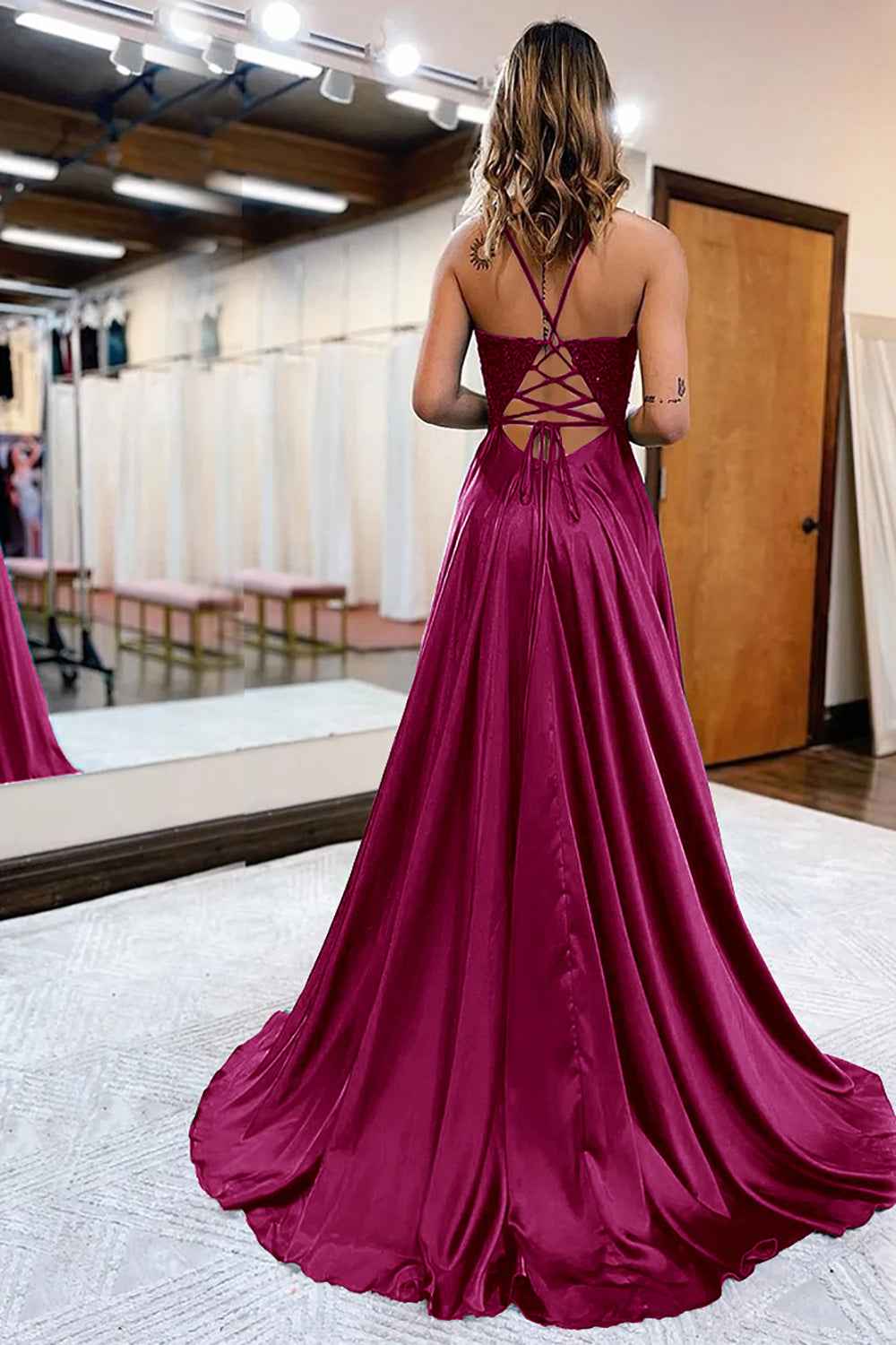Dark Green Satin A-Line Appliqued Prom Dress With Side Slit For Formal Evening Party Occasions