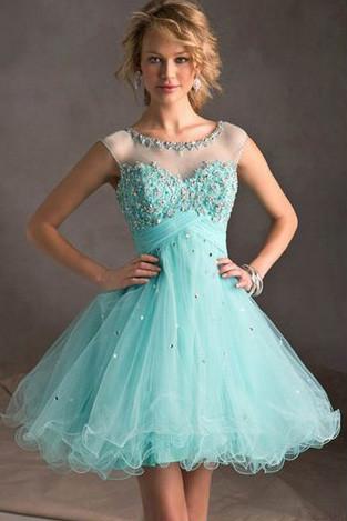 Blaues Tiffany Tüll-Spitzen-Heimkehrkleid, perfekte kurze Ballkleider