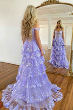 A Line Off Shoulder Black Corset Prom Dress With Lace Ruffles