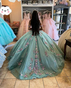 See Blaue Prinzessin Ballkleid 3D Blumen Quinceañera Kleider Schulterfrei Applikationen Perlenbesetztes Maxikleid Süßes 16 Kleid Y2632