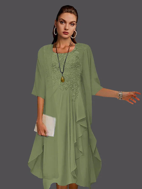 Vestidos de dos piezas con chaqueta sin mangas de encaje de gasa en línea A con pliegues y apliques