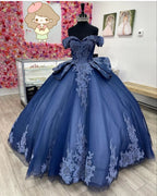 Abito da Quinceanera in Pizzo di Tulle Blu Marina con Spalle Scoperte, Abito da Ballo Blu Marina Dolce 15 Anni Y2985