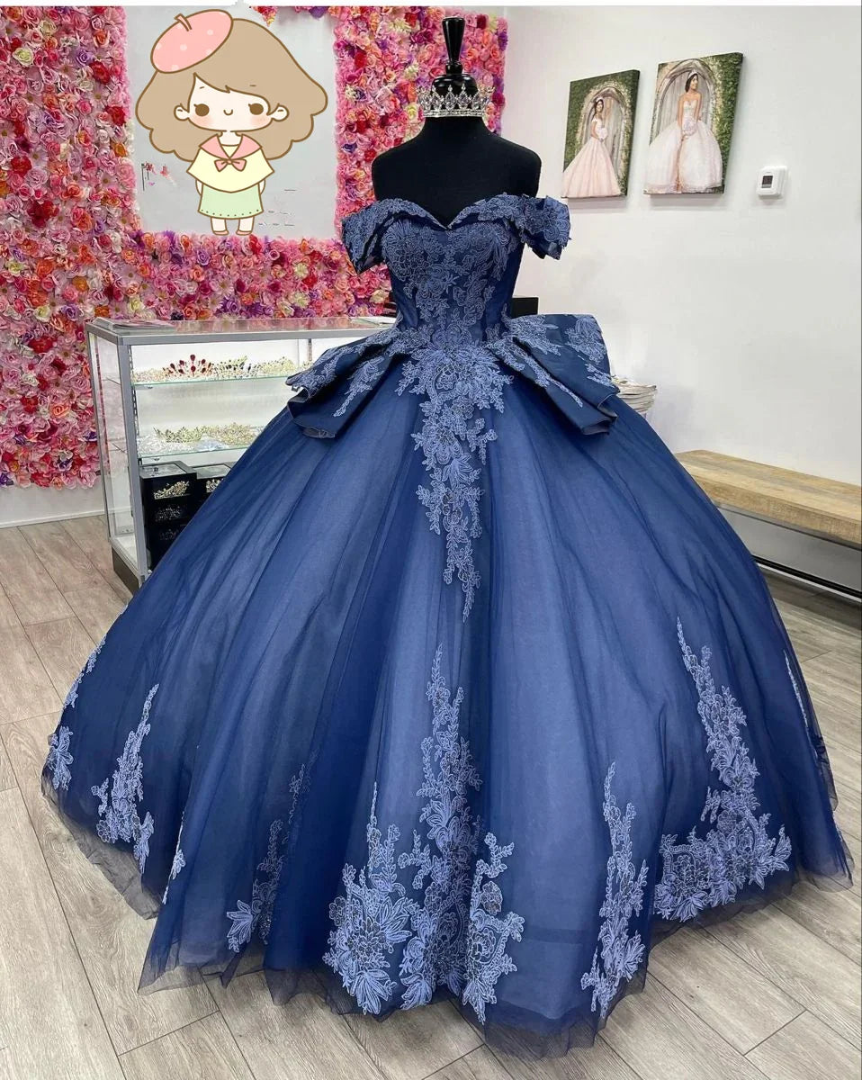 Abito da Quinceanera in Pizzo di Tulle Blu Marina con Spalle Scoperte, Abito da Ballo Blu Marina Dolce 15 Anni Y2985