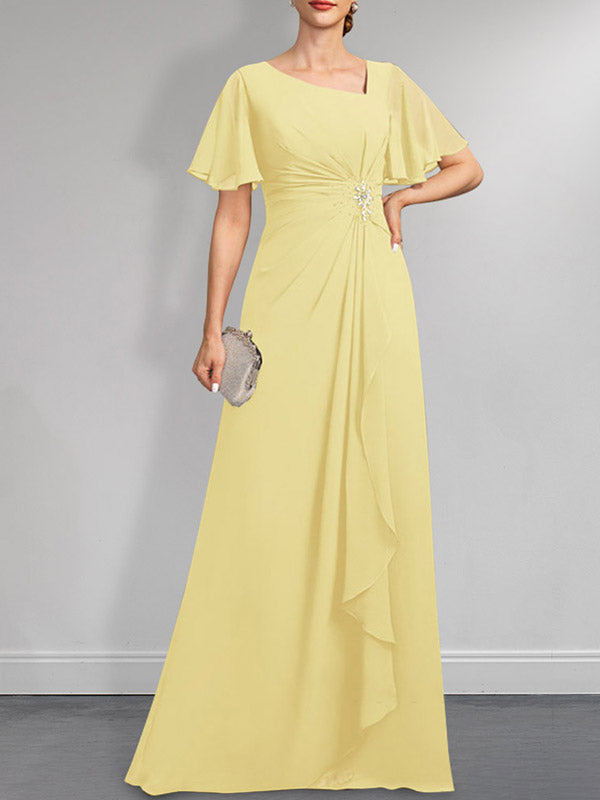 Robe de mère de la mariée en mousseline asymétrique longue jusqu'au sol, coupe en A, ornée de perles plissées et de paillettes