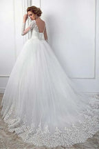 Stunning Jewel Ball Gown Wedding Dress With Long Lace Sleeves And Tulle Skirt