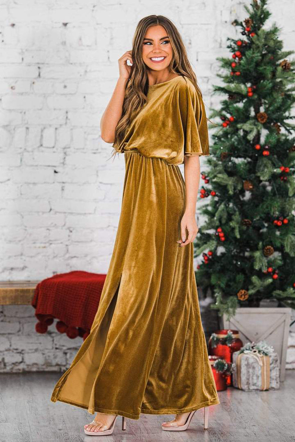 Damenbekleidung Frühling Sommer Sexy Elegantes Kleid Gold Samt Rundhalsausschnitt Hochgeschlitztes Abendkleid für Damen 